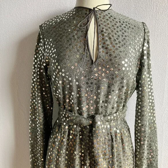 1970s Silver Sequined Modest Long Sleeve Maxi Dress - Picture 11 of 15